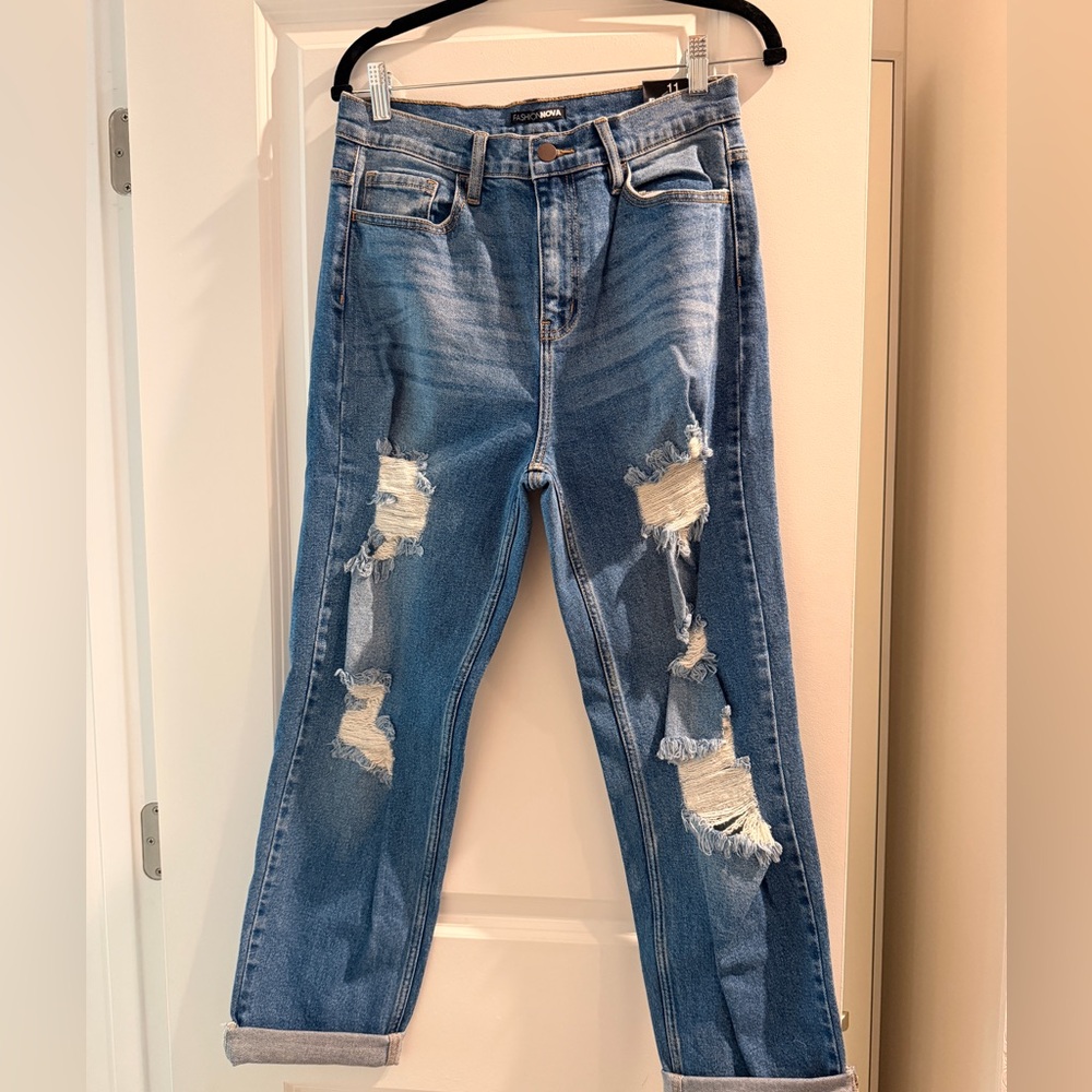 Fashion Nova Blue Distressed Boyfriend Jeans